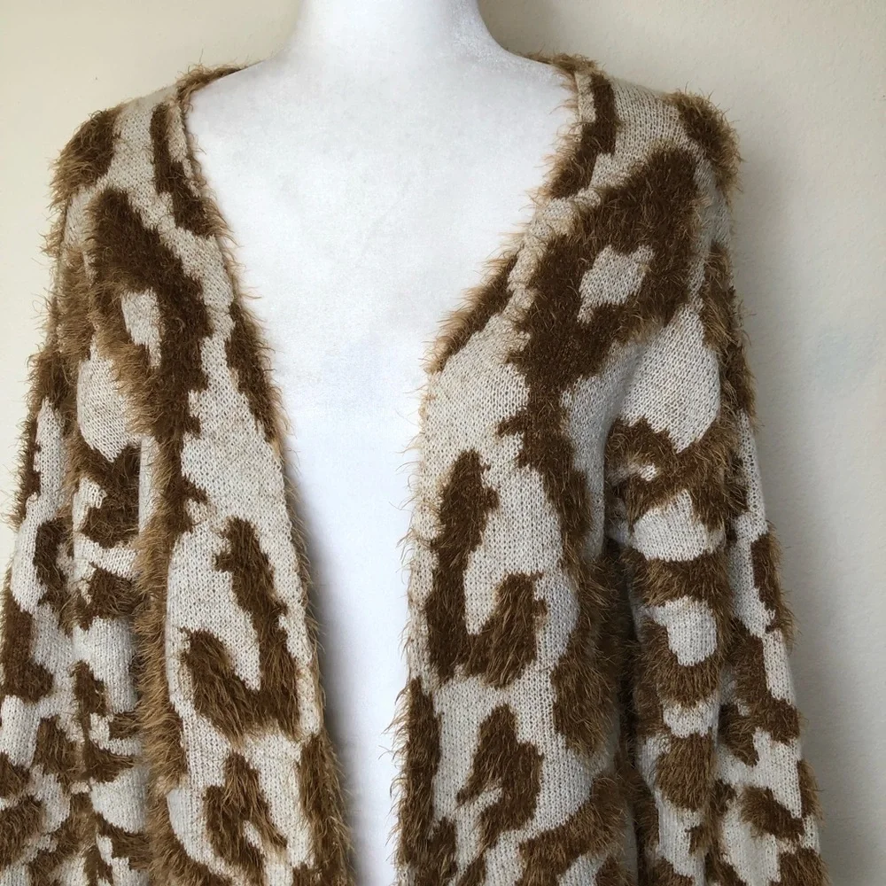 UNIQ Mocha Leopard Print Long Fluffy Textured Cardigan‎ S/M Cozy Lounge Wear